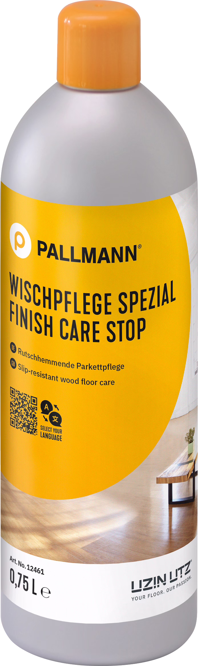 PALLMANN_dummy_FINISH-CARE-STOP_0,75l_msl_2023-05 Kunststoffles van Pallmann 'Finish Care Stop', slipvaste onderhouds‑vloeistof voor houten vloeren, grijs‑gele fles met oranje dop, 0,75 L, met merkteken en productetiket.