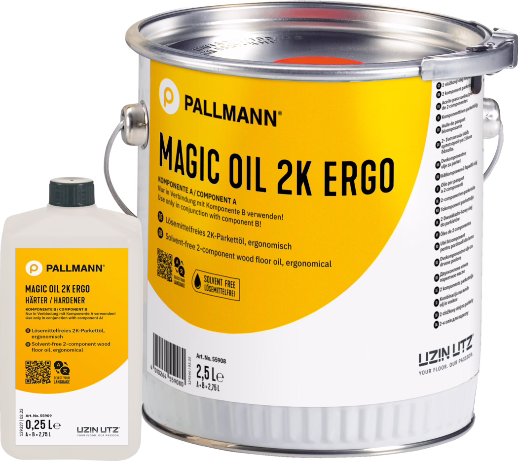 Close-upfoto van twee verpakkingen van Pallmann Magic Oil 2K Ergo parketolie: een grote metalen bus van 2,5 L met felgeel etiket, metalen handvat en gesloten deksel met klem, en een kleinere witte kunststoffles met zwarte dop en de tekst 'Harder / Component B'. Het etiket toont het merk 'PALLMANN', de productnaam 'MAGIC OIL 2K ERGO', verwijzingen naar 'oplosmiddelvrij' en '2-componenten', een QR-code en een streepjescode. Witte studiovoorgrond, product gecentreerd.