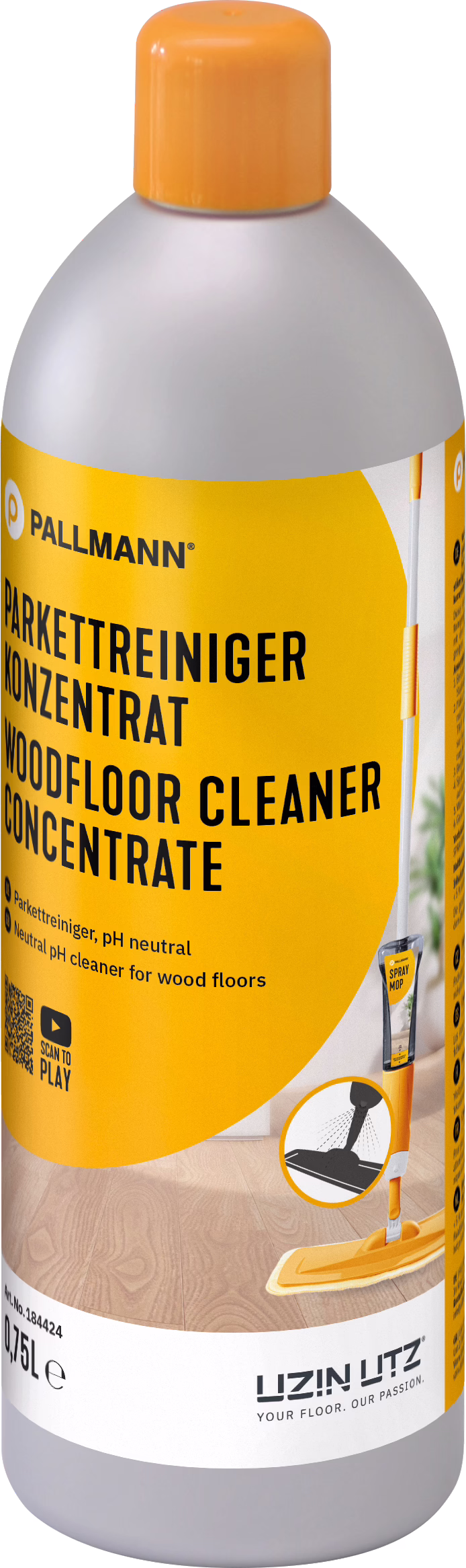 PALLMANN_Dummy_Parkettreiniger-Konzentrat_0,75l_msl_2025_03 Een hoge kunststoffles met een fel oranje-gele sticker met parketreinigerconcentraat. Bovenaan staat de merknaam 'PALLMANN'; in zwarte letters staat 'PARKETTREINIGER KONZENTRAT / WOODFLOOR CLEANER CONCENTRATE'. Op het etiket staat een afbeelding van een spraymop en een symbool voor pH-neutraal. Inhoudsaanduiding '0,75 L' is onderaan zichtbaar. Er is een QR-code en gebruikspictogrammen; de fles heeft een oranje schroefdop en een grijze hals. Het product wordt gepresenteerd als een geconcentreerde, pH-neutrale reiniger voor houten vloeren die verdund moet worden voor gebruik.
