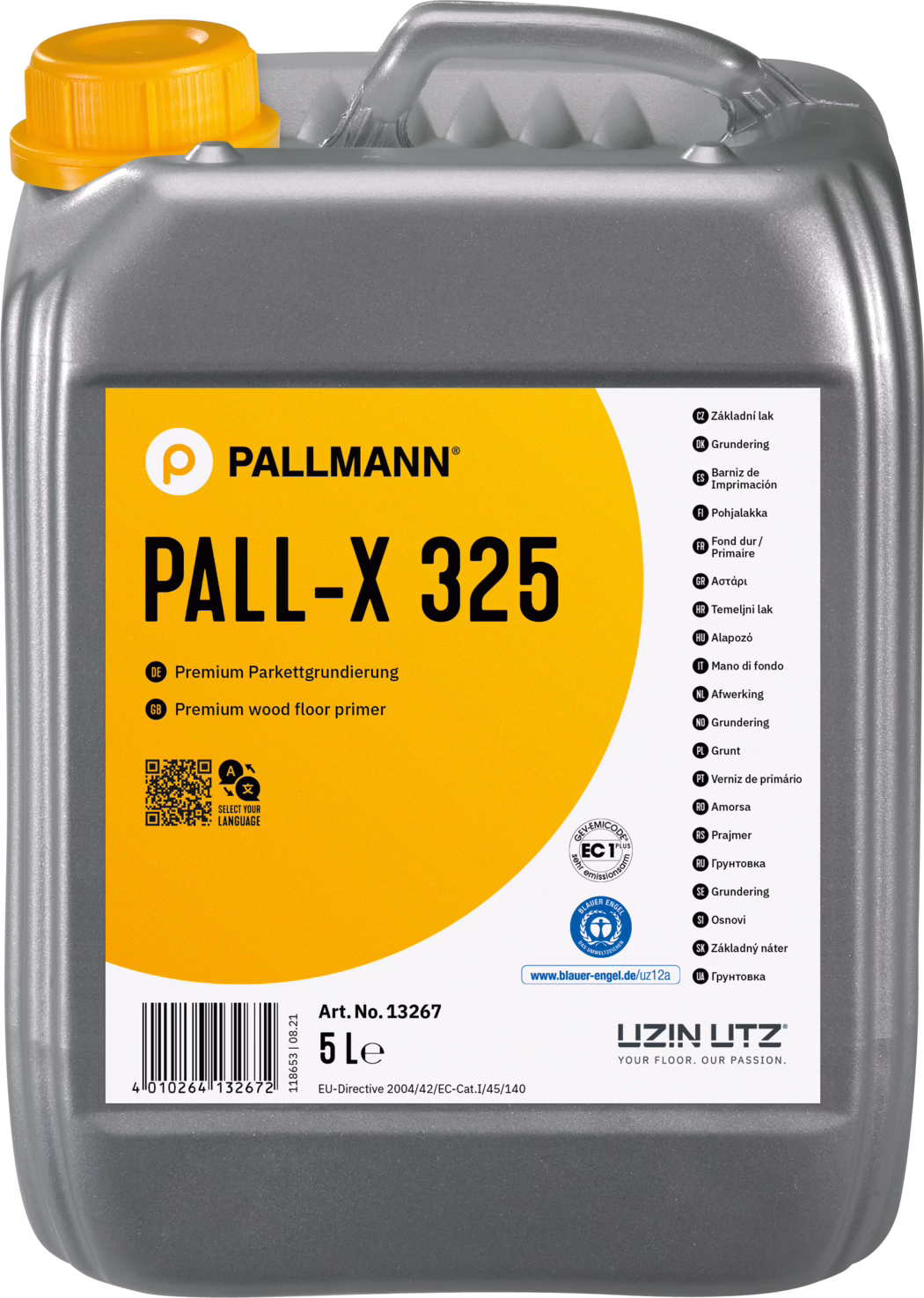PALLMANN_dummy_Pall-X-325_5l_msl_2021-12 Een grijze kunststofkan van 5 liter met een groot geel etiket met 'PALL-X 325', een primer voor houten vloeren van Pallmann; oranje schroefdop en productinformatie op het etiket.