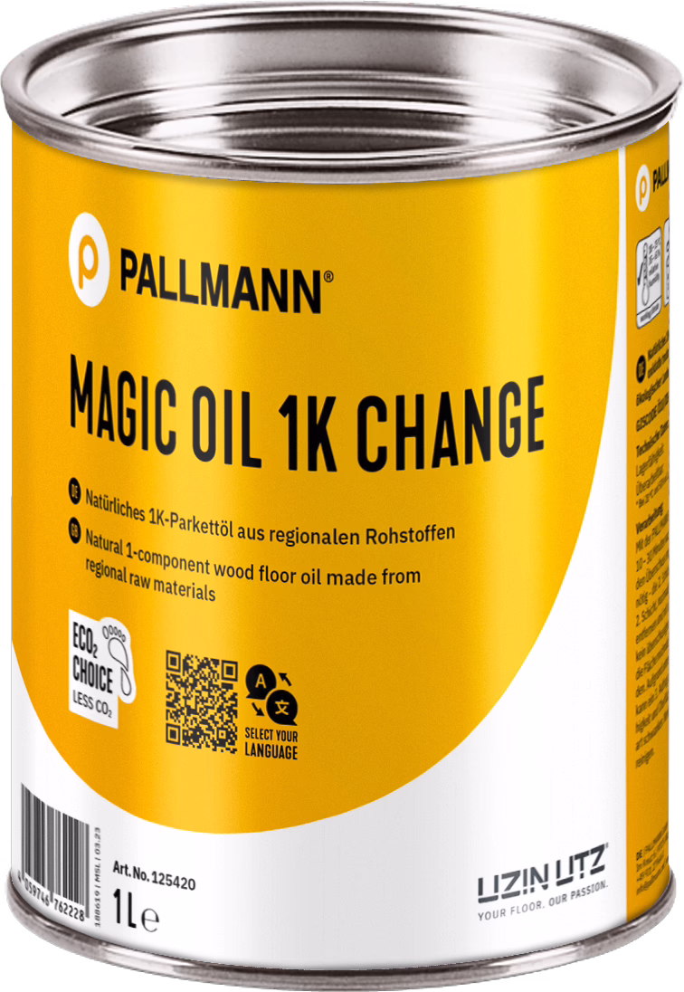Photograph of a 1-liter metal can of Pallmann 'Magic Oil 1K Change' wood floor oil. The cylindrical tin features a bright yellow and white label with the PALLMANN logo at the top and the bold product name 'MAGIC OIL 1K CHANGE' across the front. The label includes multilingual text indicating a natural 1-component parquet/wood floor oil made from regional raw materials. Visible details on the lower label area include an ECO2 choice footprint icon, a QR code with the prompt 'Select your language', a barcode, the article number 'Art. No. 125420' and the capacity marking '1 l'. The UZIN UTZ logo appears near the bottom edge. The metal lid and rim show soft reflections from studio lighting; the can is shown isolated on a white background with clear, sharp printing on the label.