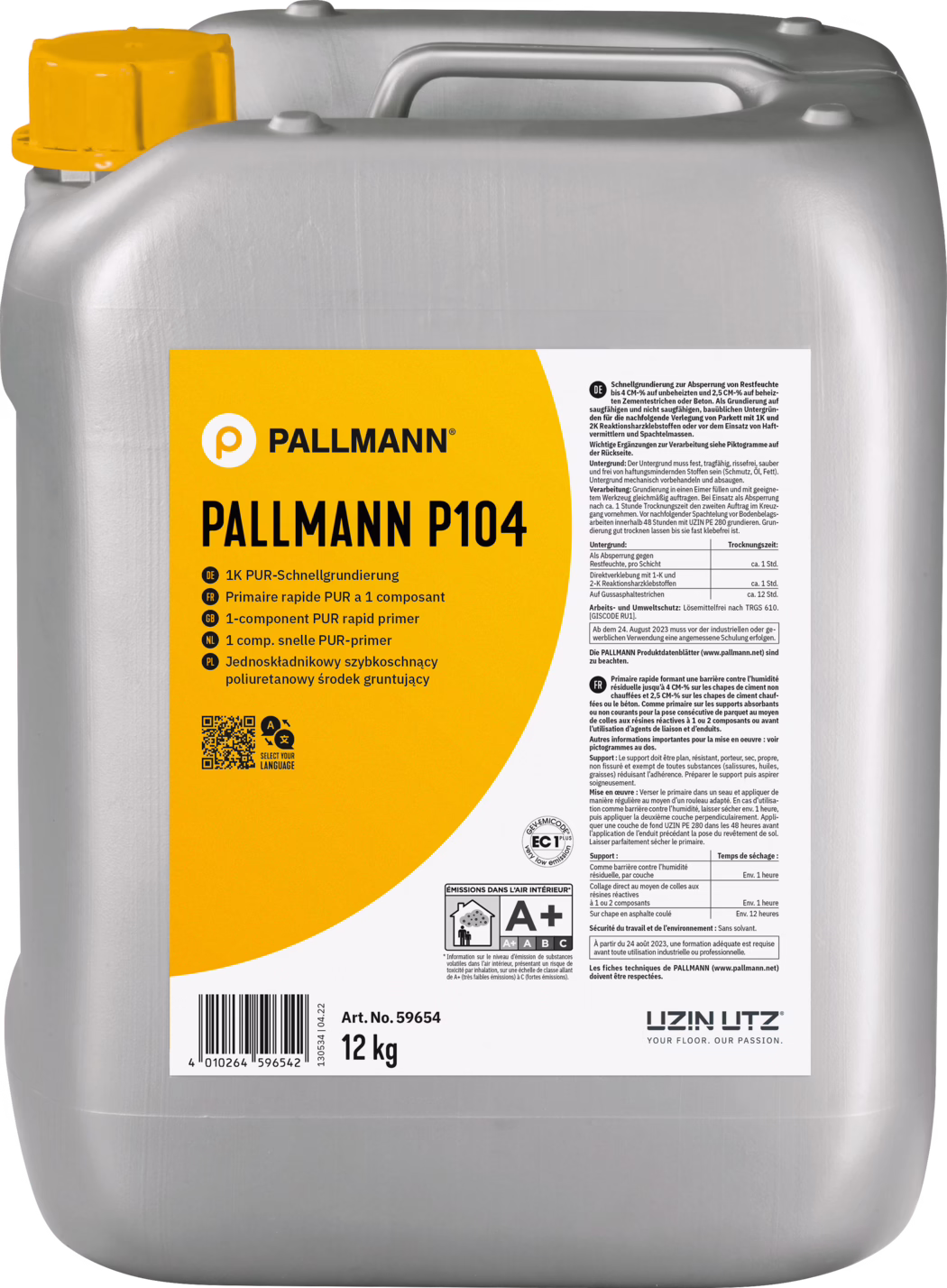 PALLMANN_dummy_PALLMANN-P104_12kg_msl_2021-12 Een grote zilveren container gelabeld PALLMANN P104, die 12 kg van een 1-component PUR snelgrondering bevat. De verpakking geeft aan dat het bedoeld is voor snel drogende toepassingen en geschikt is voor verschillende oppervlakken. Het etiket bevat instructies, veiligheidsinformatie en gebruiksrichtlijnen in meerdere talen. Er is ook een QR-code aanwezig voor aanvullende informatie.
