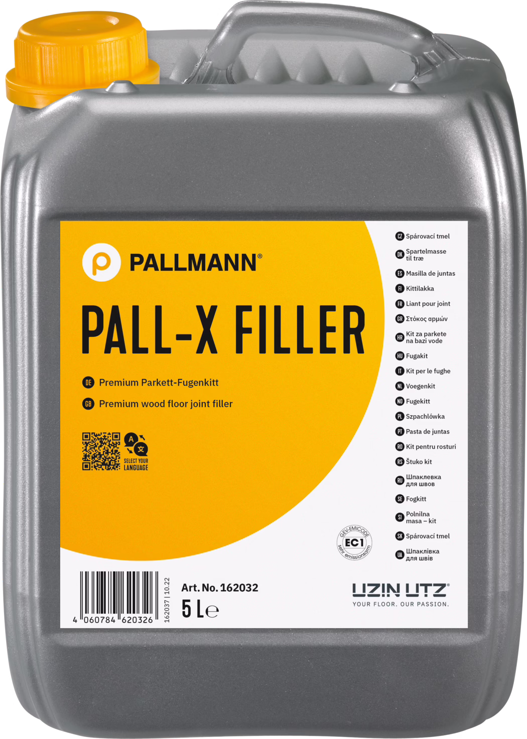 PALLMANN_dummy_Pall-X-Filler_5l_msl_2021-12 Grijze kunststofkan van 5 liter van Pallmann met 'PALL‑X FILLER' vulmiddel voor parketvoegen, voorzien van een feloranje etiket en bijpassende oranje schroefdop. Het voorlabel toont het PALLMANN-logo, de grote productnaam 'PALL‑X FILLER', de omschrijving 'Premium wood floor joint filler', een QR-code, streepjescode, artikelnummer 162032 en de inhoudsaanduiding '5 L'. Rechts op het etiket staan vertalingen van de productnaam in meerdere talen. De kan heeft een geïntegreerde handgreep bovenop en een gestructureerde grijze afwerking, geschikt voor gebruik bij parket- en houtvloeren.