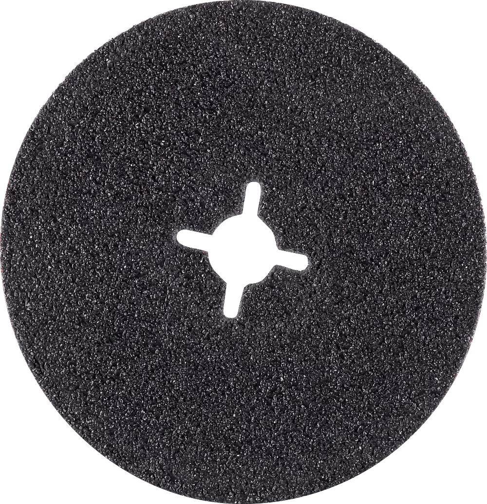 PALLMANN_dummy_silicium-carbid-velcro-disc-178mm-with-hole_msl_2021-12 Close-up van een ronde zwarte schuurlaag met grof, korrelig schuurmateriaal. De schijf is gecentreerd tegen een witte achtergrond en heeft een kenmerkende stervormige centrale montageopening met meerdere nokken voor snelle bevestiging op oscillerende of roterende gereedschapsadapters. De schurende coating bedekt het hele zichtbare oppervlak en geeft een ruwe, licht reflecterende textuur; de randen zijn gelijkmatig en het product lijkt ongebruikt en onbeschadigd.