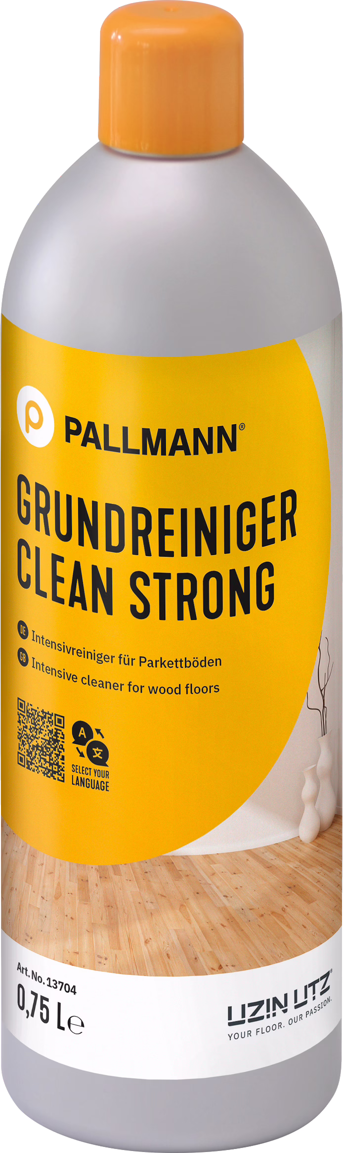 PALLMANN_dummy_CLEAN-STRONG_0,75l_msl_2021-12 Een hoge kunststoffles met een oranje schroefdop en een felgeel etiket met de merknaam PALLMANN en de productnaam GRUNDREINIGER CLEAN STRONG. De fles bevat 0,75 L intensieve reiniger voor houten vloeren. Het etiket toont dikke zwarte typografie, een QR-code, kleine pictogrammen en een foto van een lichte houten parketvloer; onderaan staat het UZIN UTZ-logo met de slogan 'YOUR FLOOR. OUR PASSION.' De container heeft afgeronde schouders en een grijze kunststof body en straalt een professioneel product uit voor diepe reiniging en het verwijderen van hardnekkig vuil van houten vloeren.
