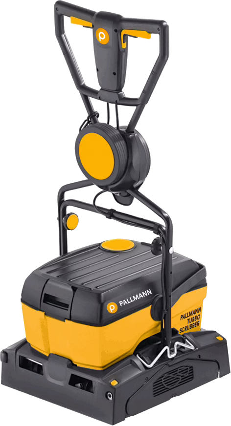 PALLMANN_dummy_PALLMANN TURBO SCRUBBER_msl_2017-02 Professionele PALLMANN Turbo Scrubber vloerreinigingsmachine in geel en donkergrijs. Het rechtopstaande apparaat heeft een stevige handgreep met geïntegreerde bediening en een opgerolde kabelhaspel, een compacte rechthoekige basis met een schrobhuis en ventilatieroosters, zichtbare merknamen aan de zijkant en een robuuste kunststof constructie voor intensief commercieel gebruik.