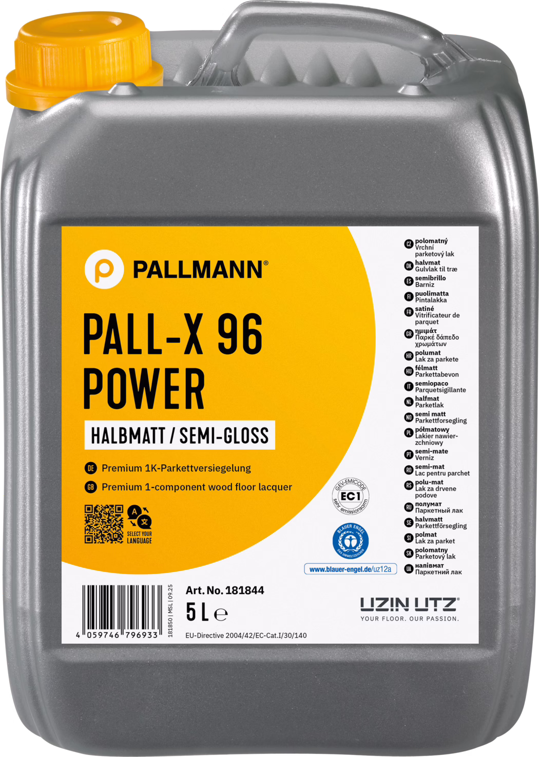 PALLMANN_dummy_Pall-X-96-Power_halbmatt_5l_msl_2026-01 Grote grijze kunststofkan van 5 liter met Pallmann PALL‑X 96 Power parketlak. De rechthoekige verpakking heeft een geïntegreerd handvat aan de bovenkant, een gele schroefdop en een oranje‑witte etiket op de voorkant met 'PALL‑X 96 POWER' en 'HALBMATT / SEMI‑GLOSS'. Het etiket bevat meertalige instructies en symbolen, een streepjescode, artikelnummer (Art. No. 181844) en het logo van de fabrikant UZIN UTZ. Studio‑productfoto tegen witte achtergrond die vorm, etiket en inhoud duidelijk weergeeft.