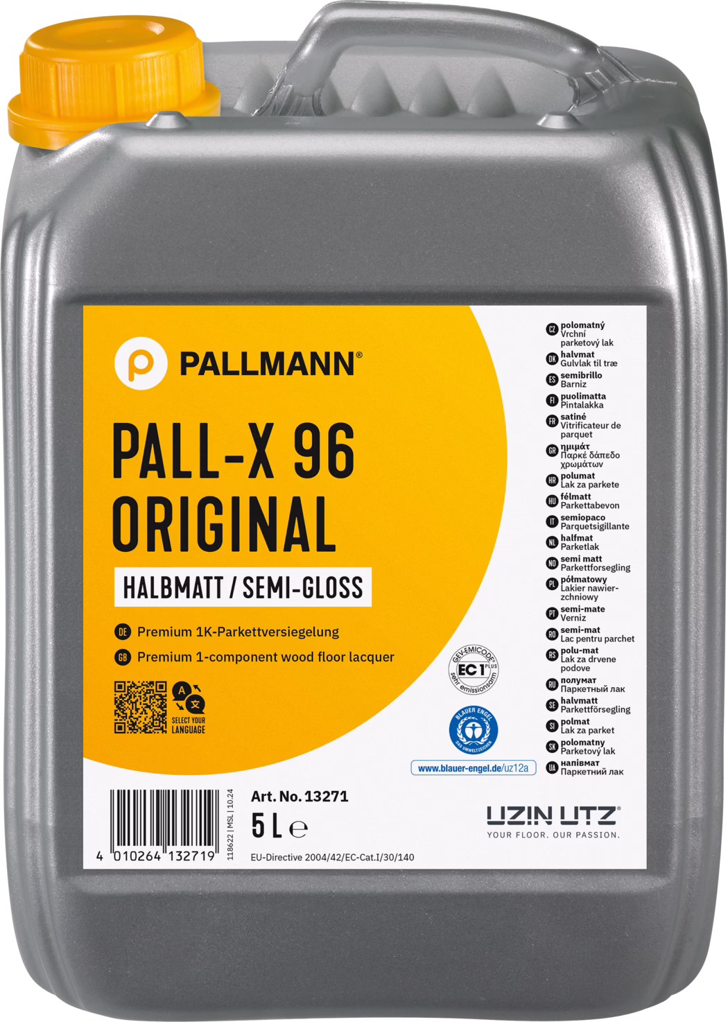 PALLMANN_dummy_Pall-X-96-original_halbmatt_5l_msl_2024-05 Grijze kunststof jerrycan van 5 liter van Pallmann: PALL-X 96 Original, halfglans parketlak. De rechthoekige verpakking heeft een geïntegreerd handvat bovenop en een gele schroefdop; het etiket is feloranje met zwarte 'PALL-X 96 ORIGINAL' tekst en een wit deel met meertalige productinformatie en keurmerken (onder andere Blauer Engel). Opdrukken tonen 'Halbmatt / Semi-Gloss', 'Premium 1-component wood floor lacquer', artikelnummer 13271, barcode en '5 L'. Ontwikkeld voor bescherming en afwerking van houten vloeren; ééncomponent watergedragen lak voor professioneel gebruik en doe-het-zelvers. Oppervlakte en vorm van de kan tonen productietextuur; geschikt voor aanbrengen met kwast, roller of machine.
