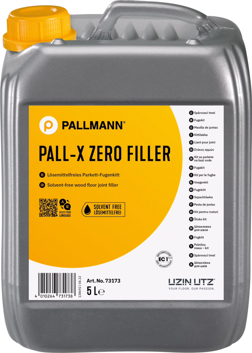 PALLMANN_dummy_Pall-X-Zero-Filler_5l_msl_2021-12 Foto van een grijze kunststof jerrycan van 5 liter van het merk Pallmann, productnaam 'PALL‑X ZERO FILLER'. De rechthoekige kan heeft een geïntegreerd handvat bovenaan en een oranje schroefdop. Op de voorkant zit een groot oranje etiket met het Pallmann-logo, de productnaam, de vermelding dat het een oplosmiddelvrije voegvulling voor houten vloeren is, een druppelpictogram met 'solvent free', een QR-code en een streepjescode, plus meertalige gebruiksaanwijzingen en het volume '5 L'. Het oppervlak van de kan is licht gestructureerd en metallic grijs.