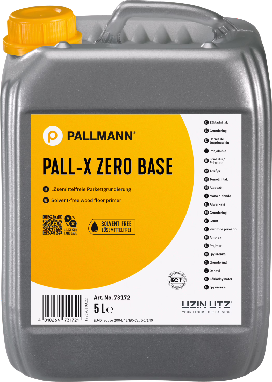 PALLMANN_dummy_Pall-X-Zero-Base_5l_msl_2021-12 Grijze 5 liter kunststof jerrycan van Pallmann 'PALL-X ZERO BASE', oplosmiddelvrije parketprimer met een grote gele etikettering, zwarte tekst en oranje dop.